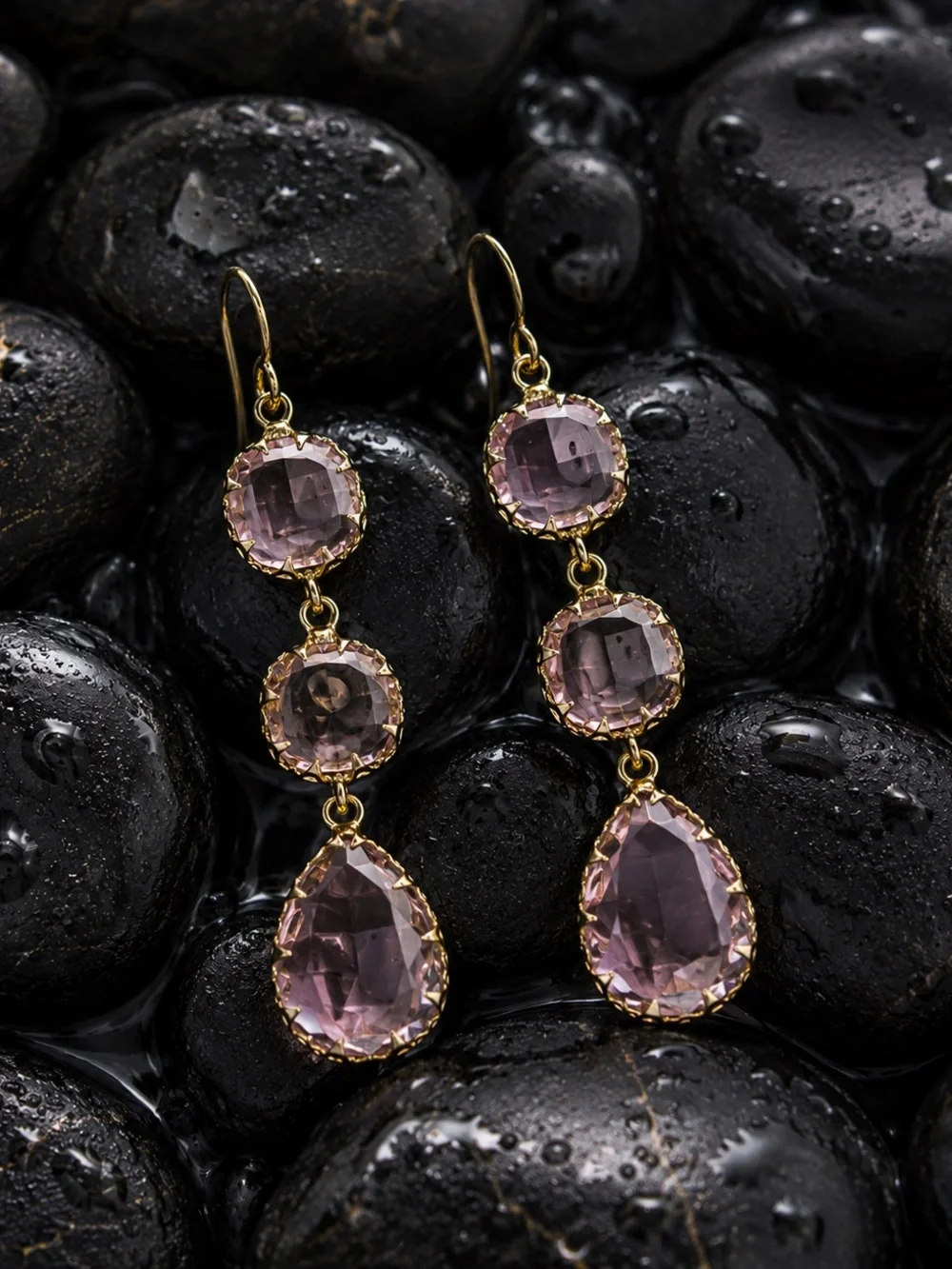 Gold Drop Earrings with Pink Gemstones
